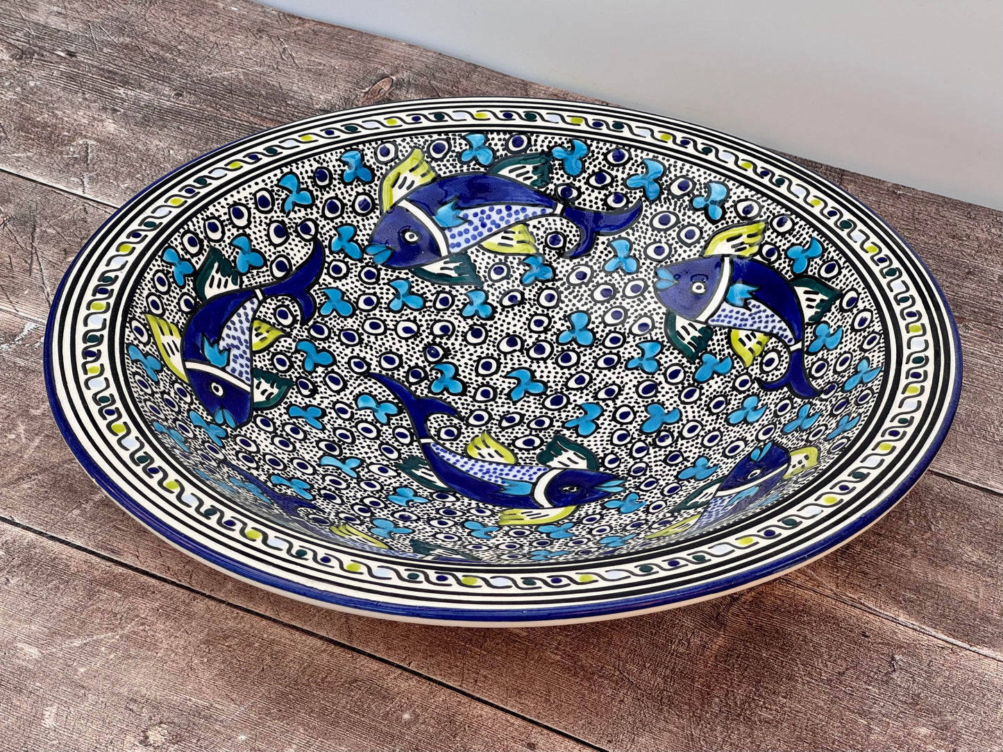 Dark Blue Fish Patterned Bowl with Flat Rim, 38cm