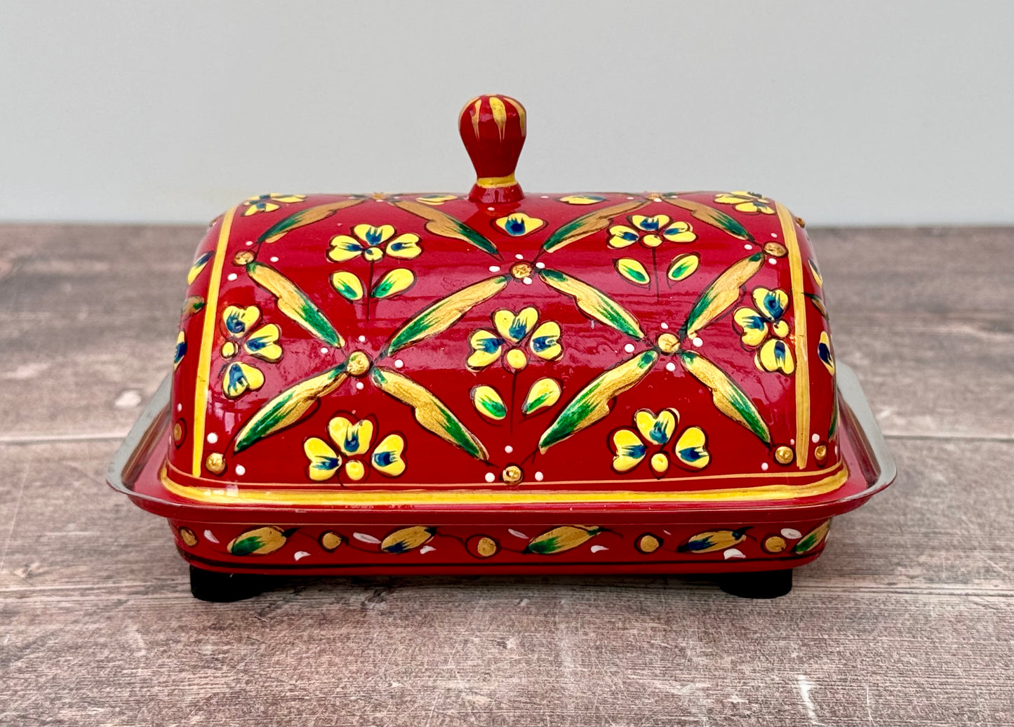 Handpainted Red Patterned Butter Dish