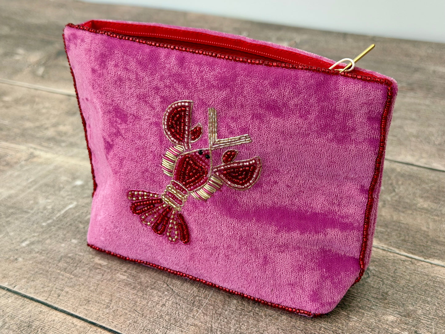 Pink Velvet Beaded Lobster Design Pouch