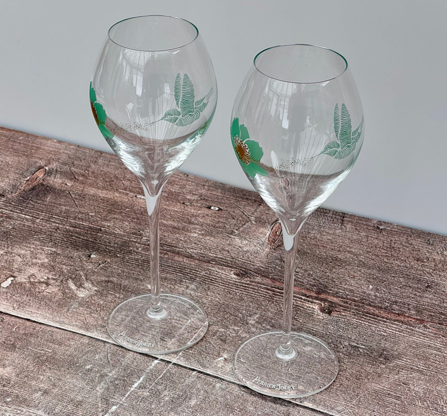 Pair of Perrier-Jouet Fernando Laposse Green Hummingbird Champagne Glasses