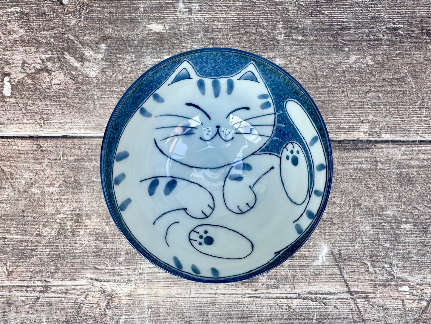 Blue and White Cat Patterned Small Japanese Bowl, 11.5cm