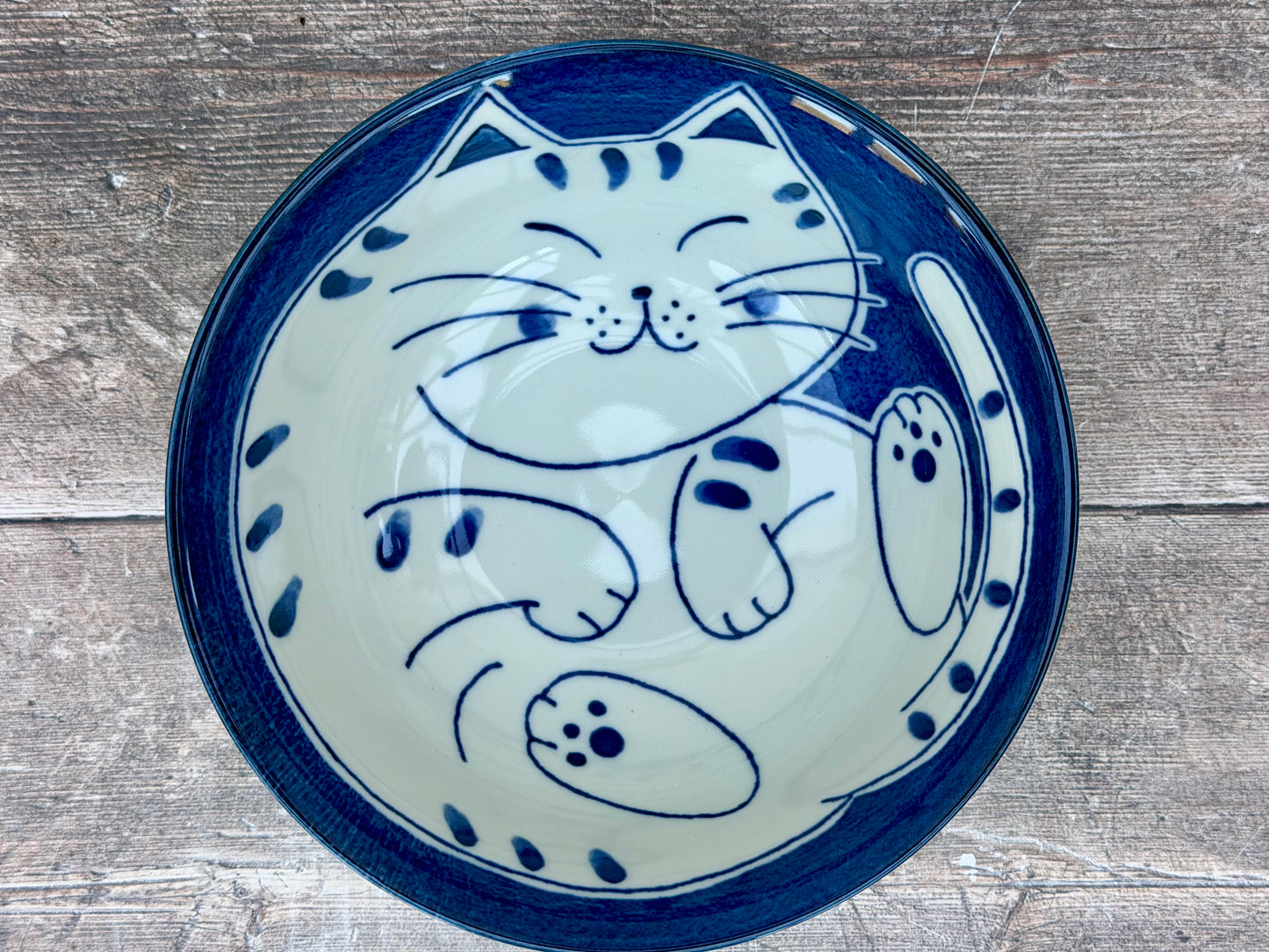 Red, Blue and White Cat Patterned Japanese Bowl, 20cm