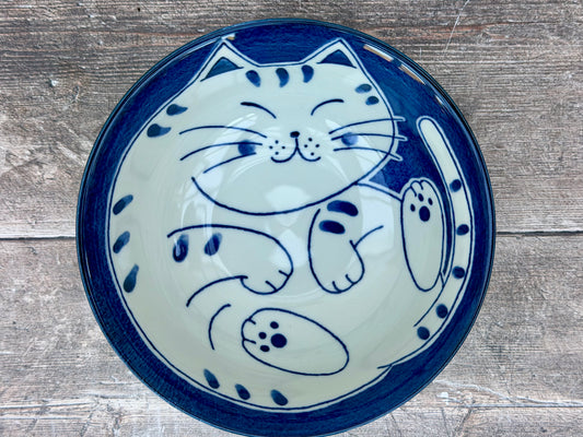 Red, Blue and White Cat Patterned Japanese Bowl, 20cm