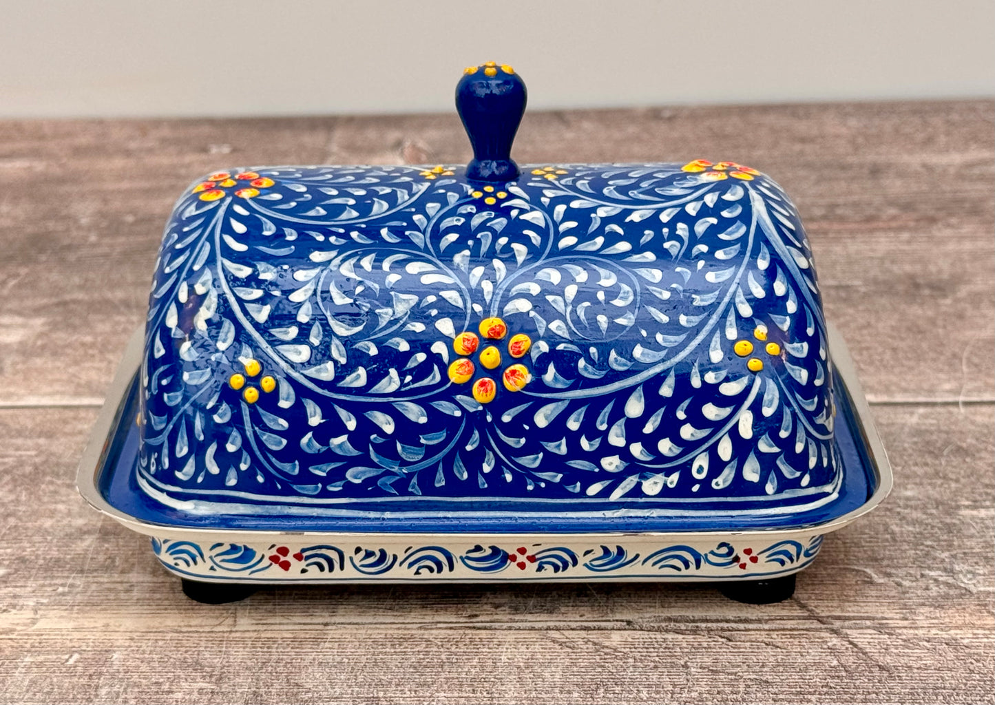 Handpainted Blue Swirl Patterned Butter Dish