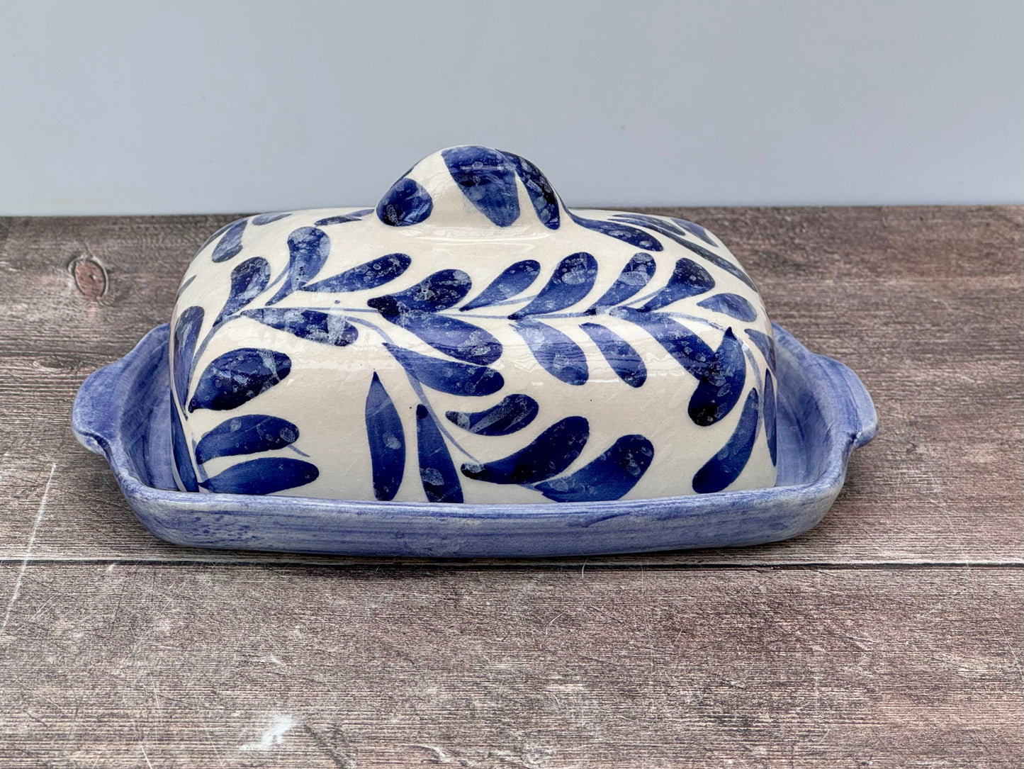 Blue Leaf Patterned Butter Dish