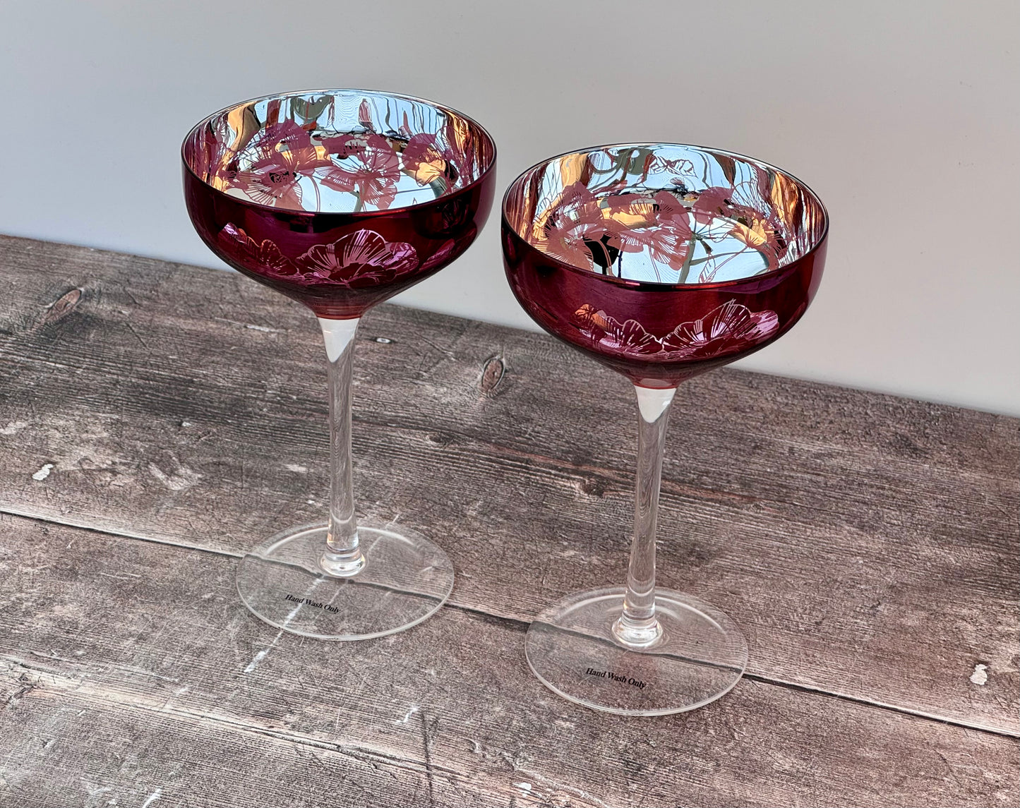 2 Pink Bloom Champagne/Cocktail Saucer Glasses