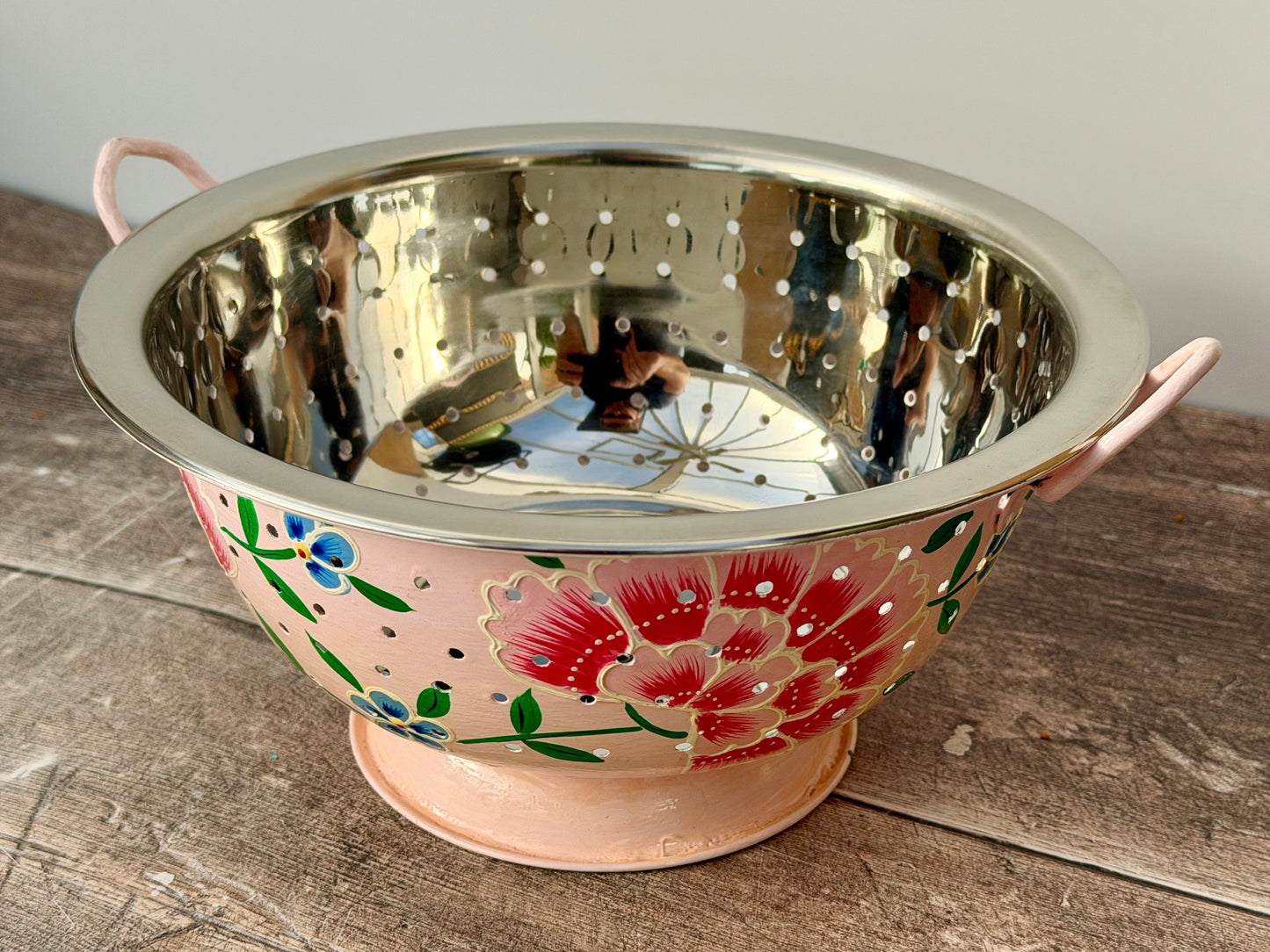 Hand Painted Stainless Steel Serving Bowl / Dish - Pale Pink Flower Design