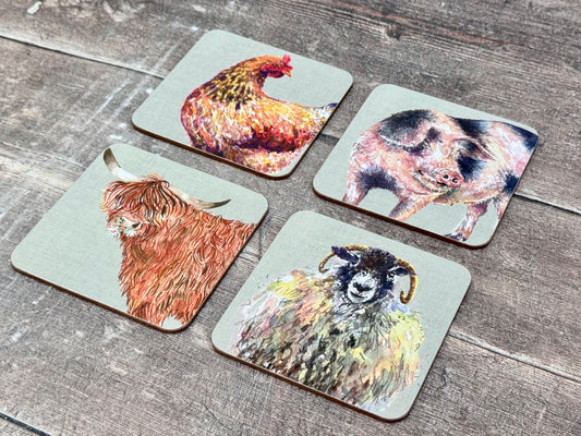 Set of 4 Square Farm Animal Coasters
