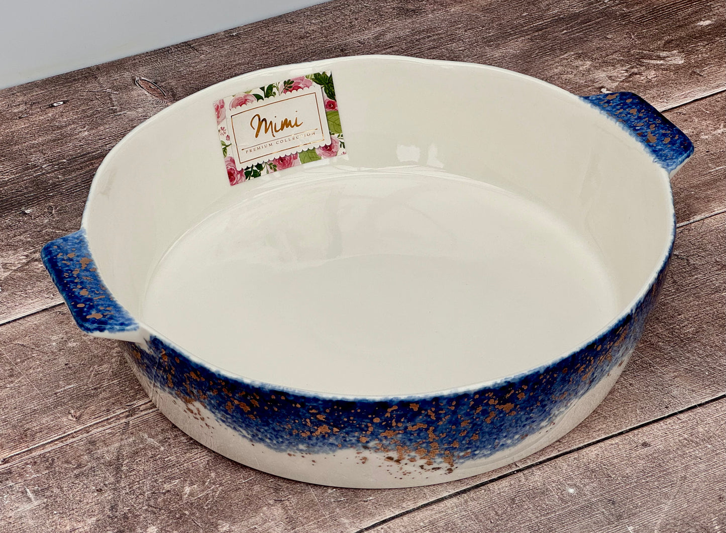 Blue and Gold Speckled Circular Baking Dish, 29.5cm