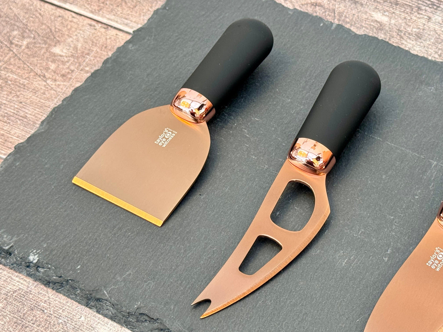 Taylor’s Eye Witness Slate Cheese Board and Rose Gold Knife Set