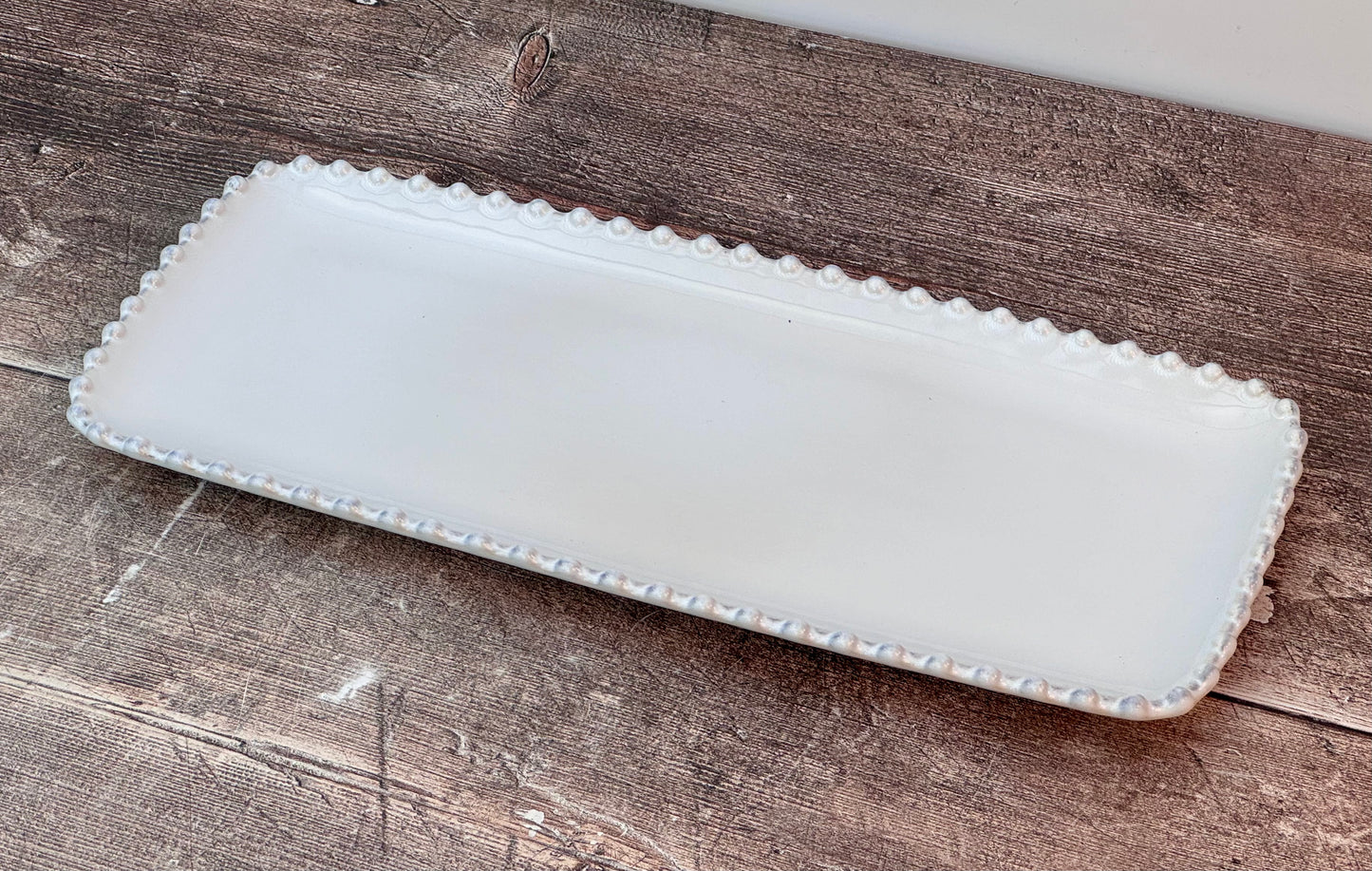 White Beaded Edge Rectangular Serving Plate, 30cm