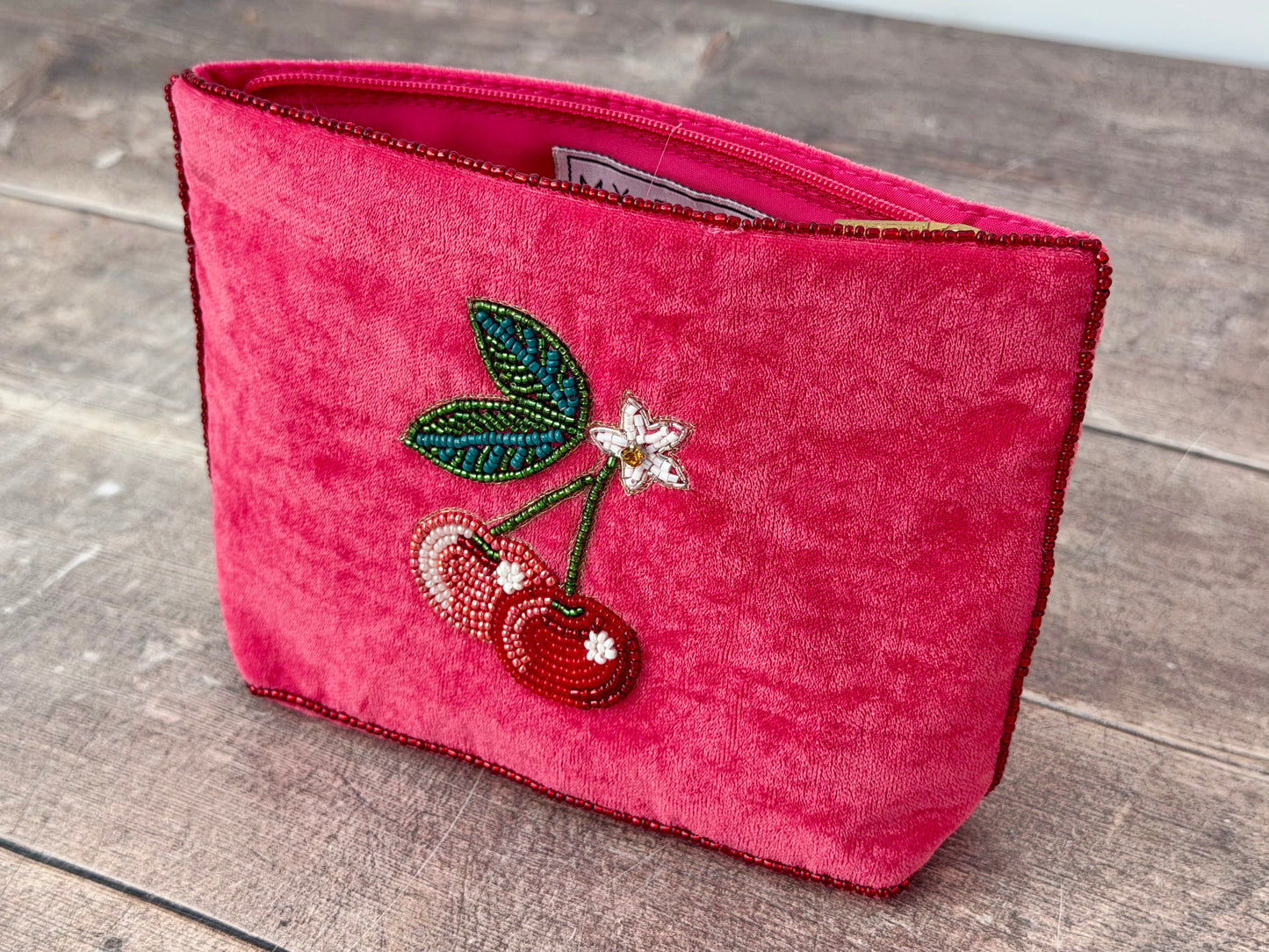 Pink Velvet Beaded Cherry Design Pouch