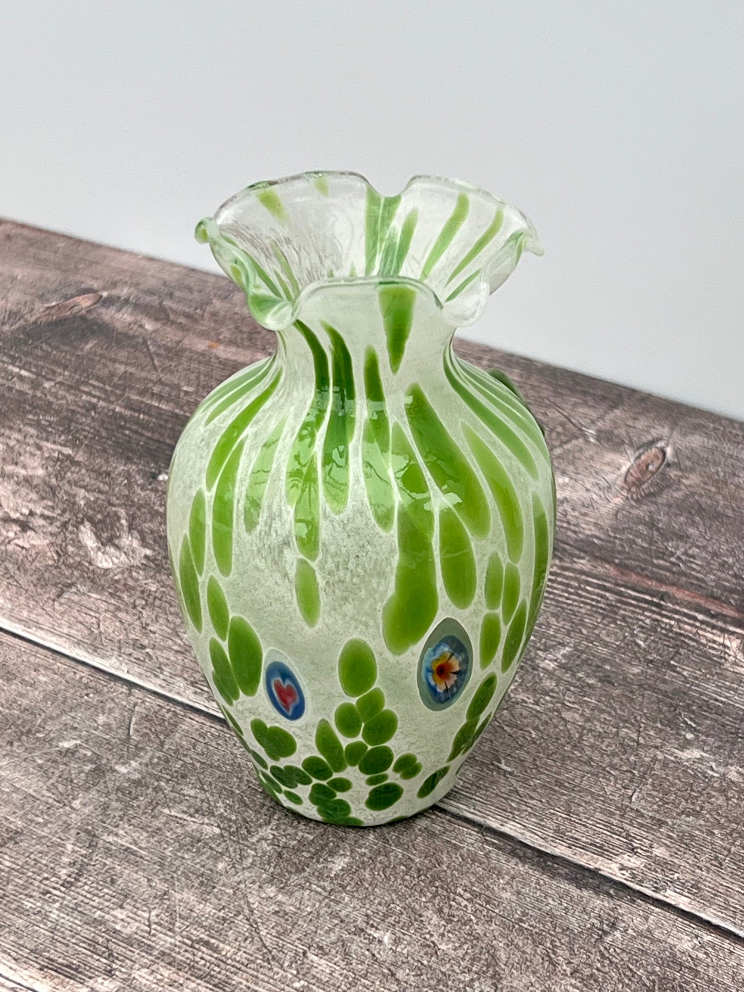 Small Green Speckled Glass Murano Style Vase, 13cm