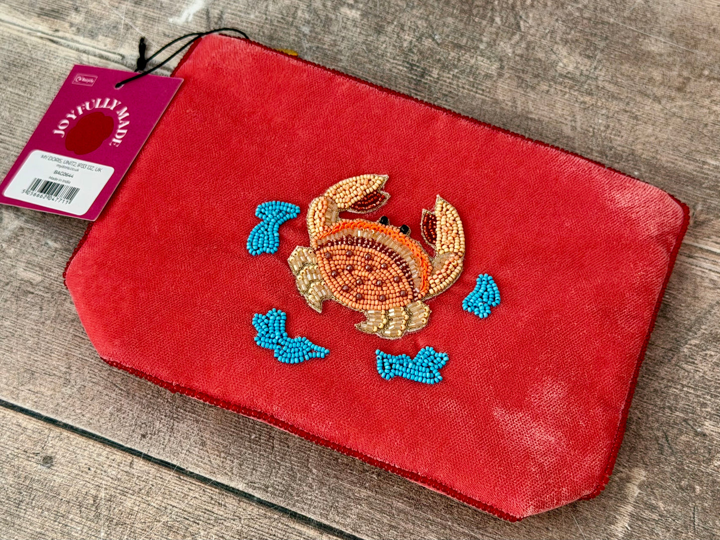 Red Velvet Beaded Crab Design Pouch