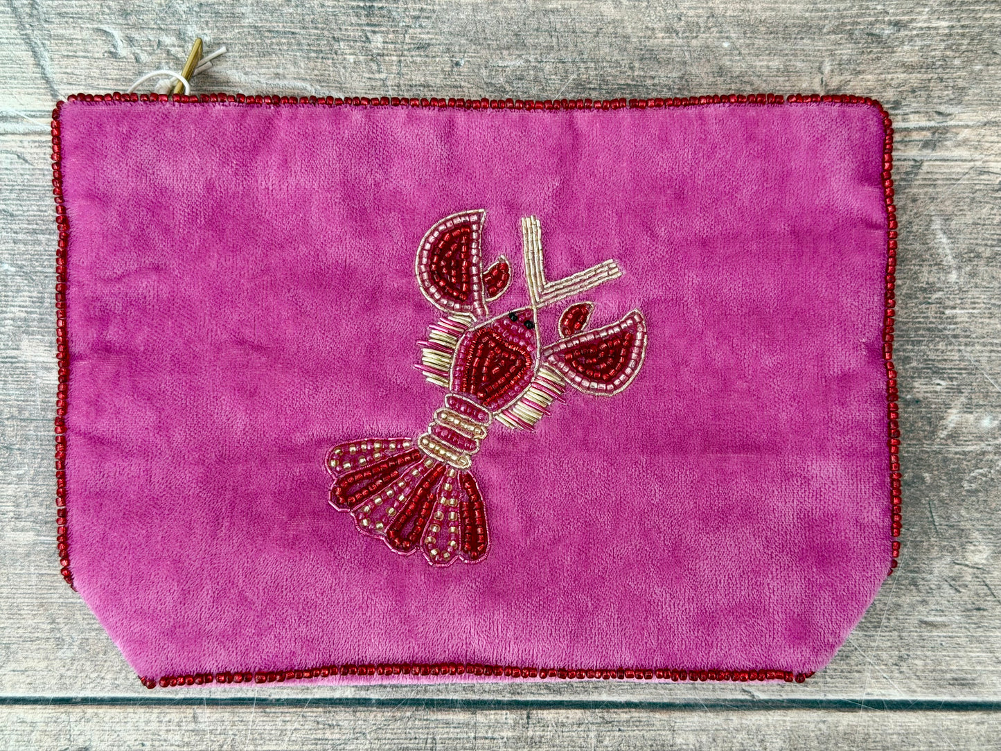 Pink Velvet Beaded Lobster Design Pouch