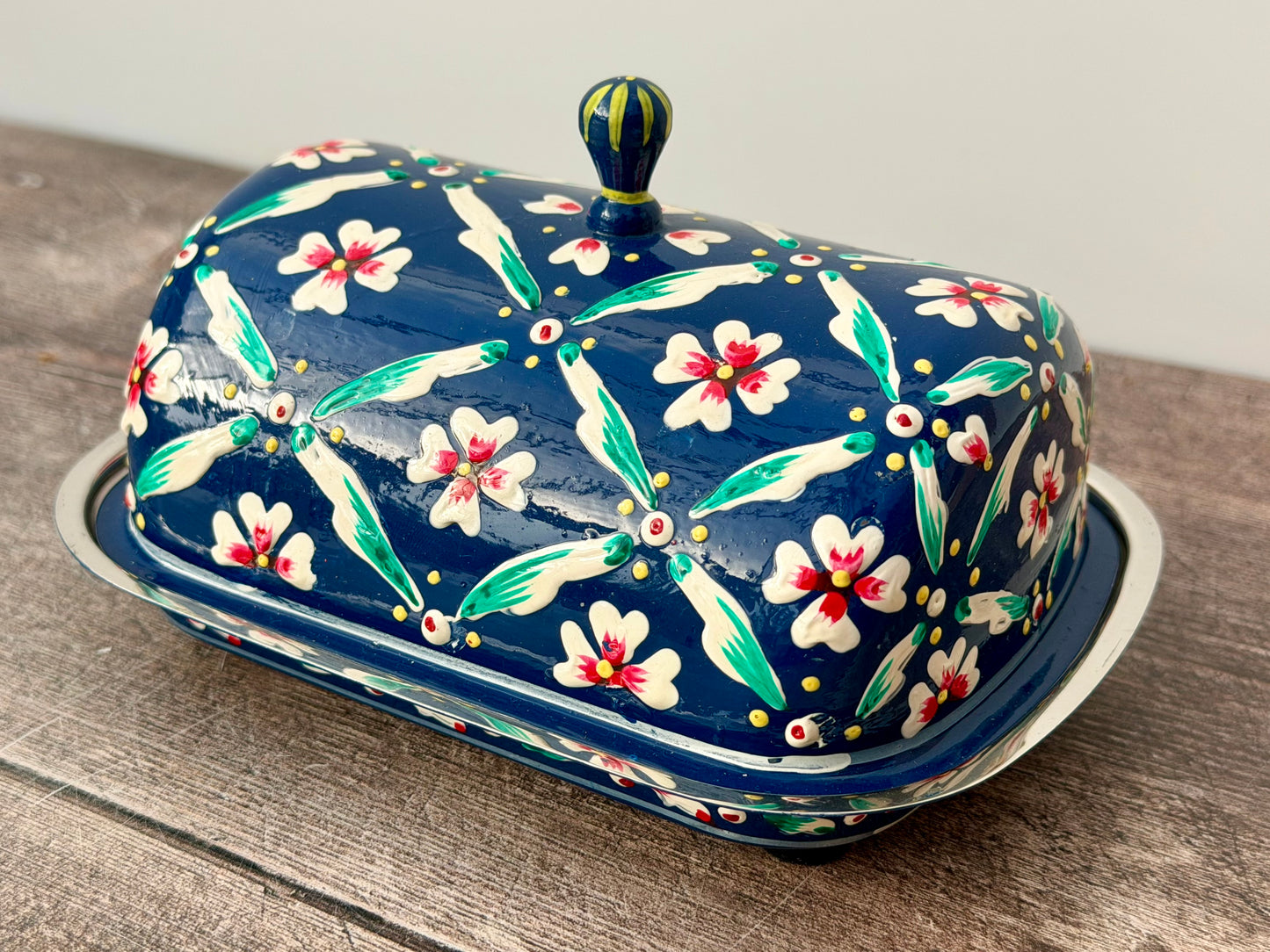 Handpainted Dark Blue Flower Patterned Butter Dish