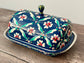 Handpainted Dark Blue Flower Patterned Butter Dish