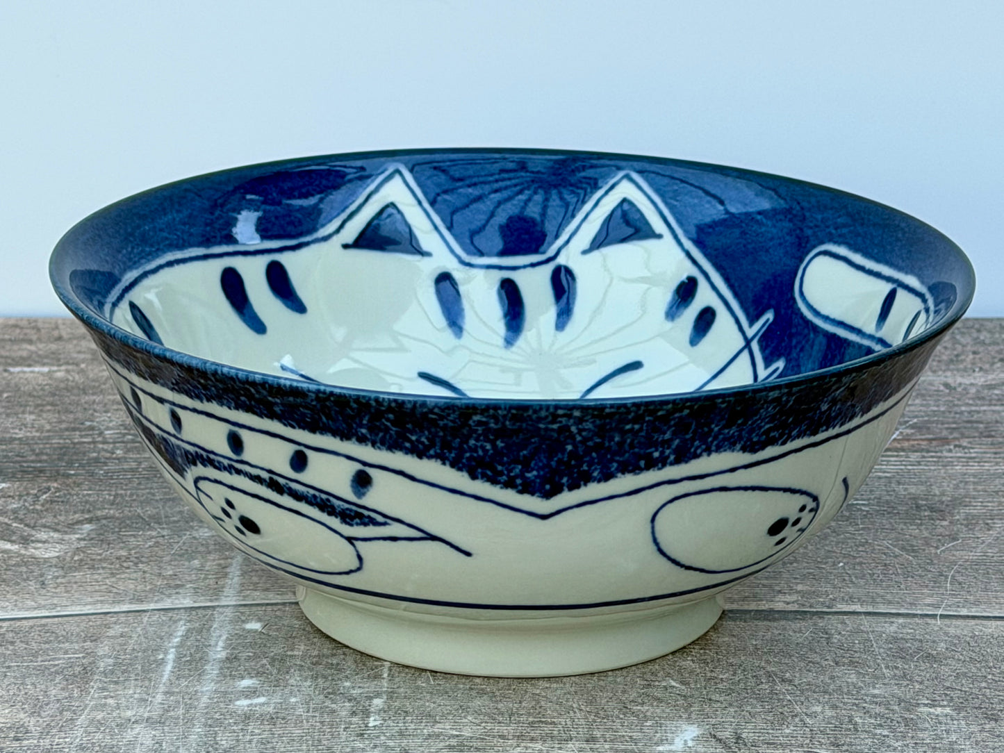 Blue and White Cat Patterned Japanese Bowl, 20cm