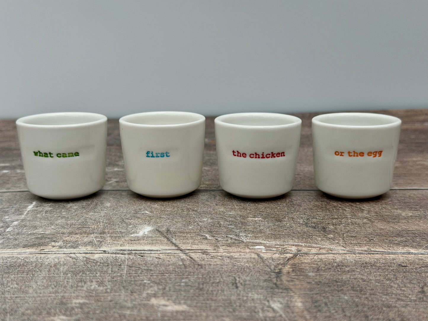 Set of 4 ‘what came first the chicken or the egg’ Egg Cups