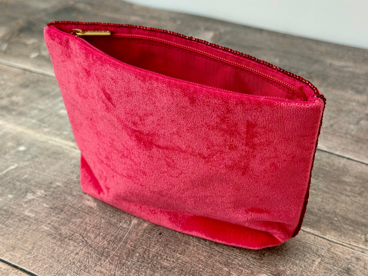 Pink Velvet Beaded Cherry Design Pouch