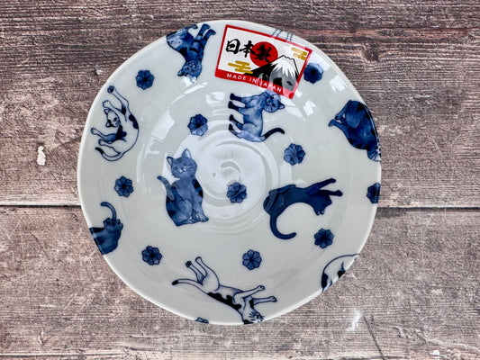 Blue and White Cat Patterned Japanese Bowl, 16.5cm