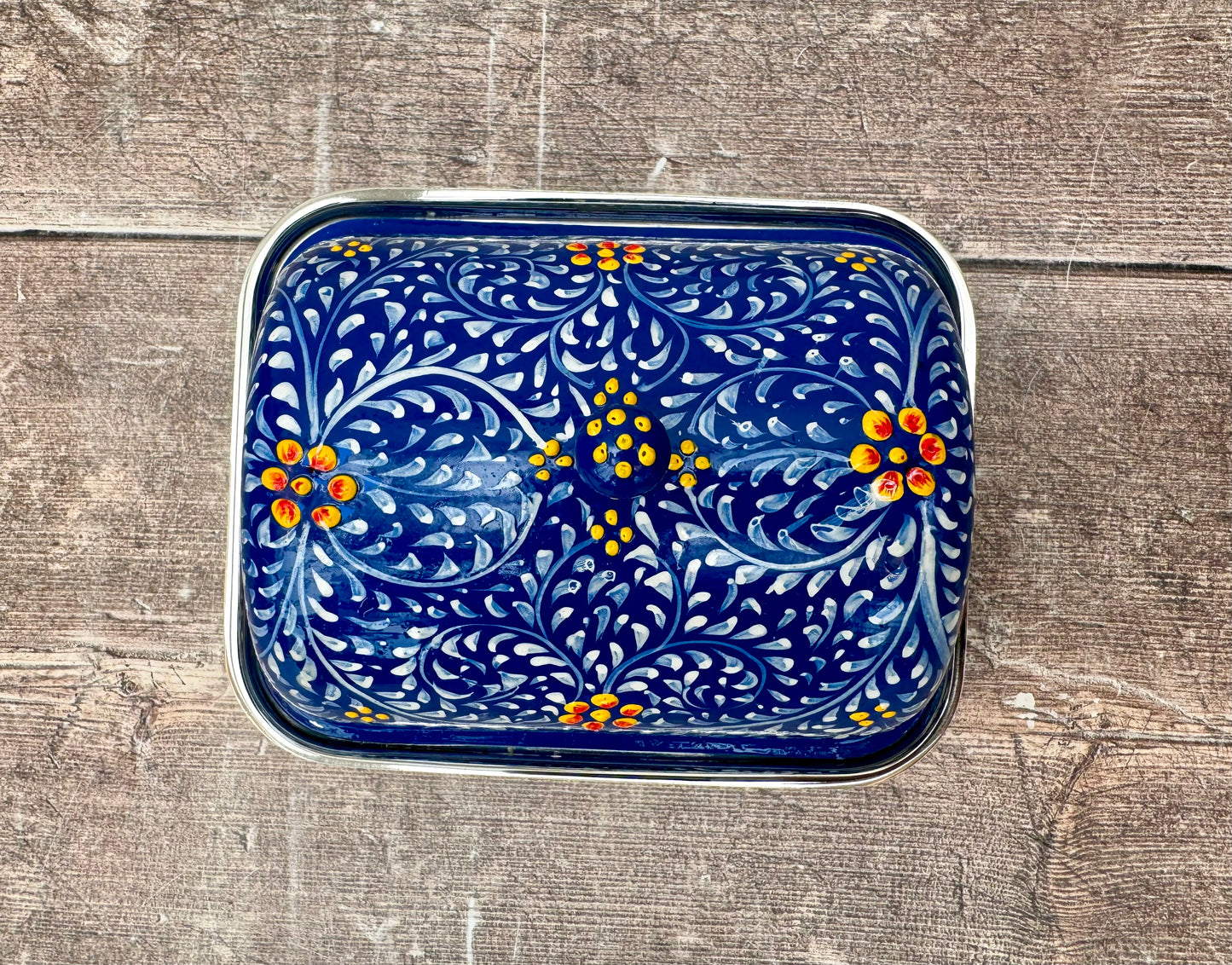 Handpainted Blue Swirl Patterned Butter Dish