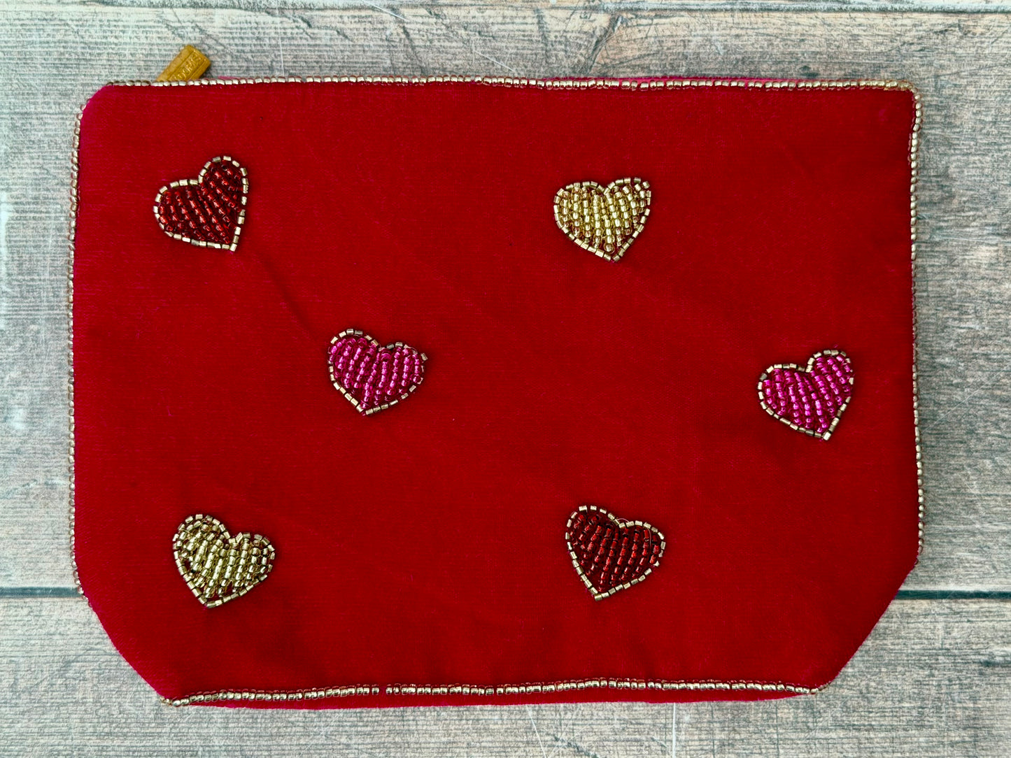 Pink Velvet Beaded Heart Design Pouch