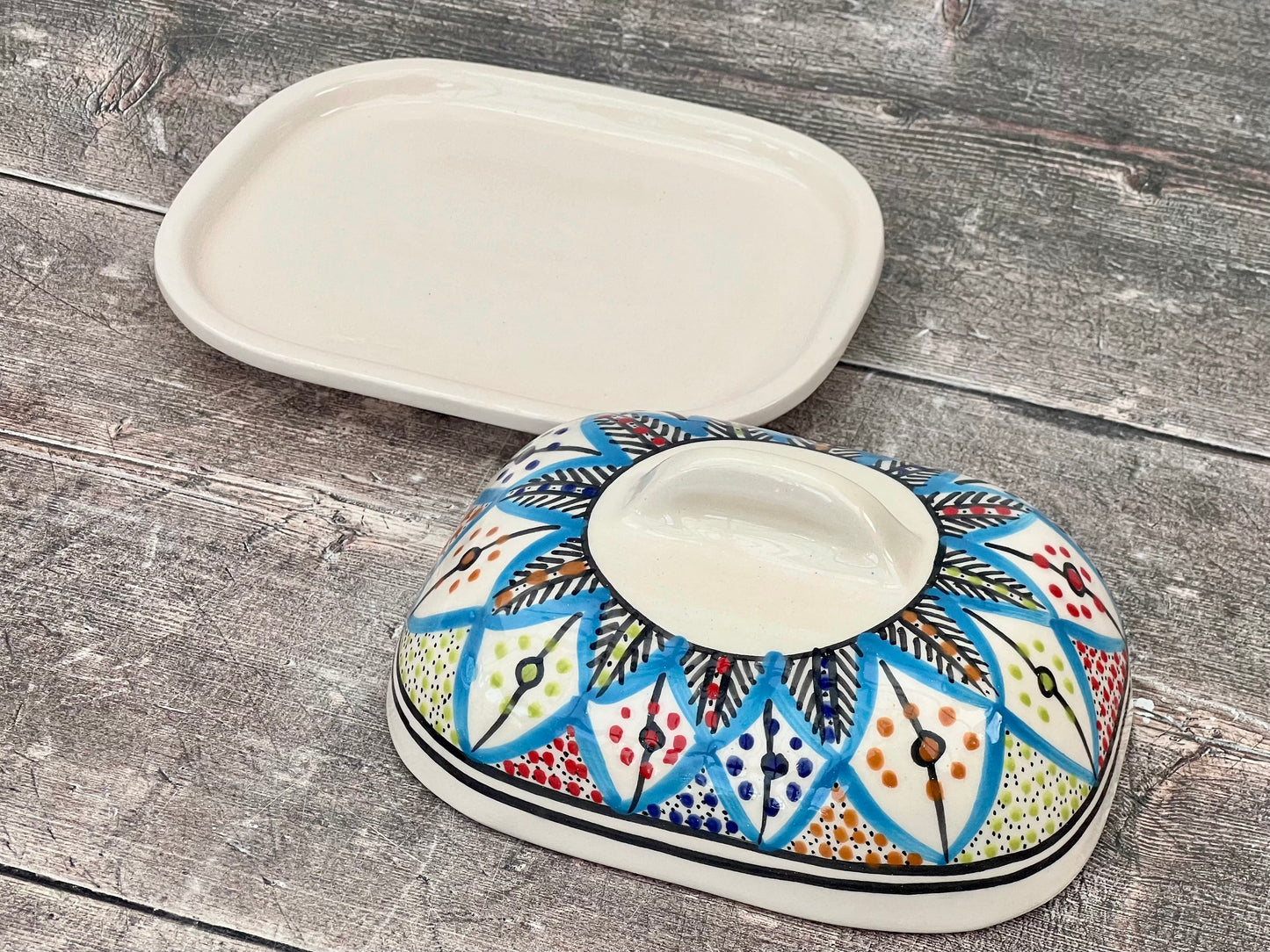 Multi-Coloured Patterned Butter Dish, Design 2