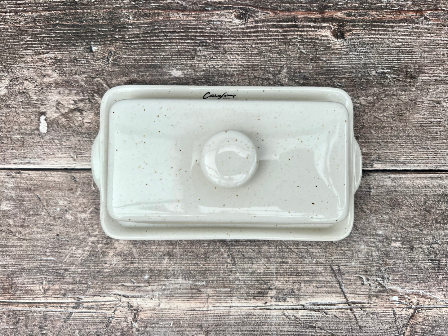 White Butter Dish with Cream Stripe