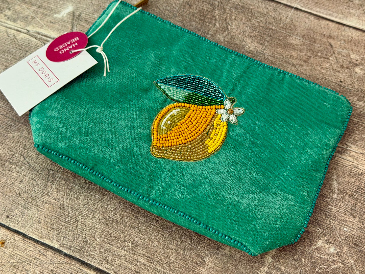 Green Velvet Beaded Lemon Design Pouch