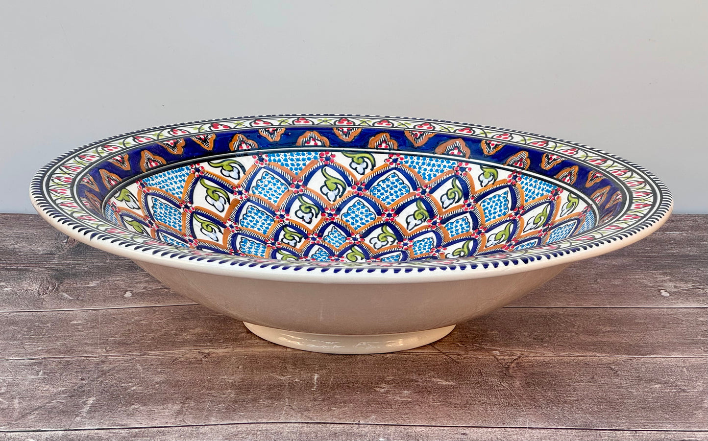 Dark Blue Patterned Bowl with Flat Rim, 43cm