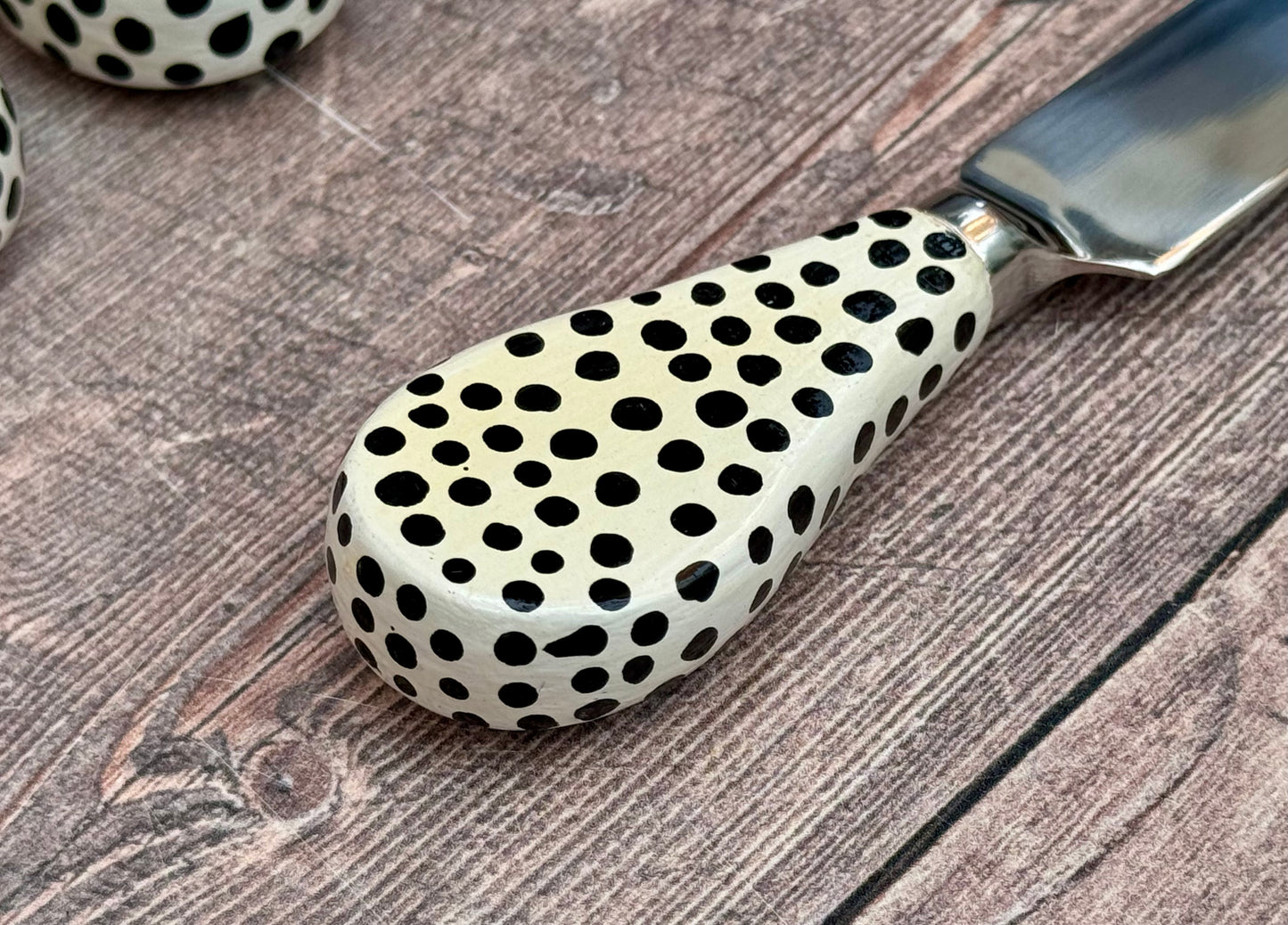 Cheese Knife Set with hand painted handles - White and Black Spotty Design