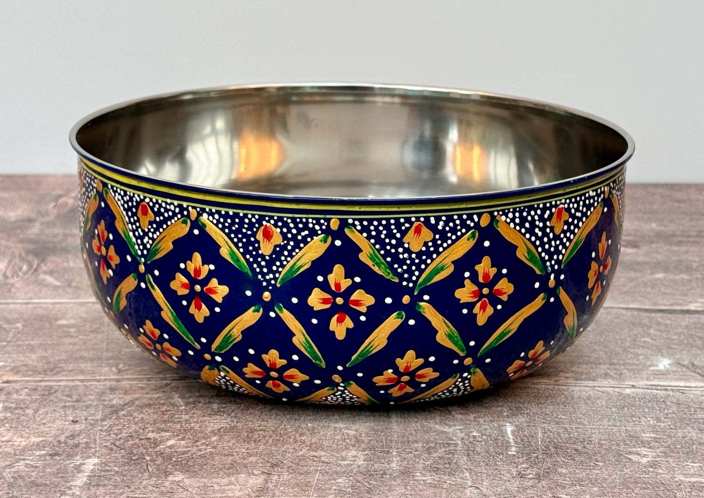 Hand Painted Stainless Steel Serving Bowl / Dish - Navy and Gold (Design 4)