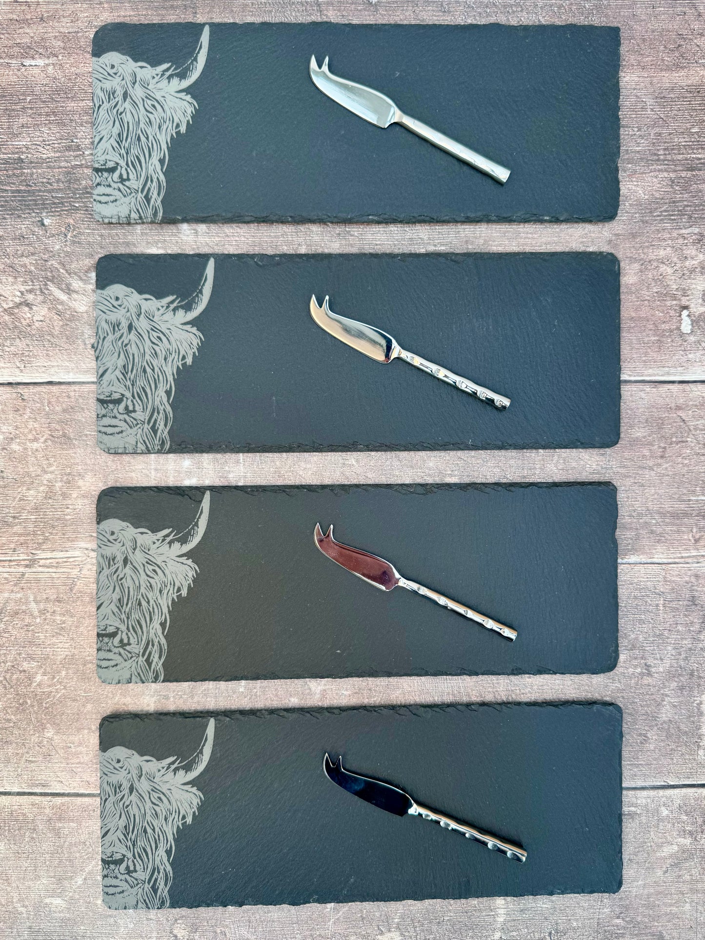 Set of 4 Highland Cow Slate Boards and Cheese Knives Set