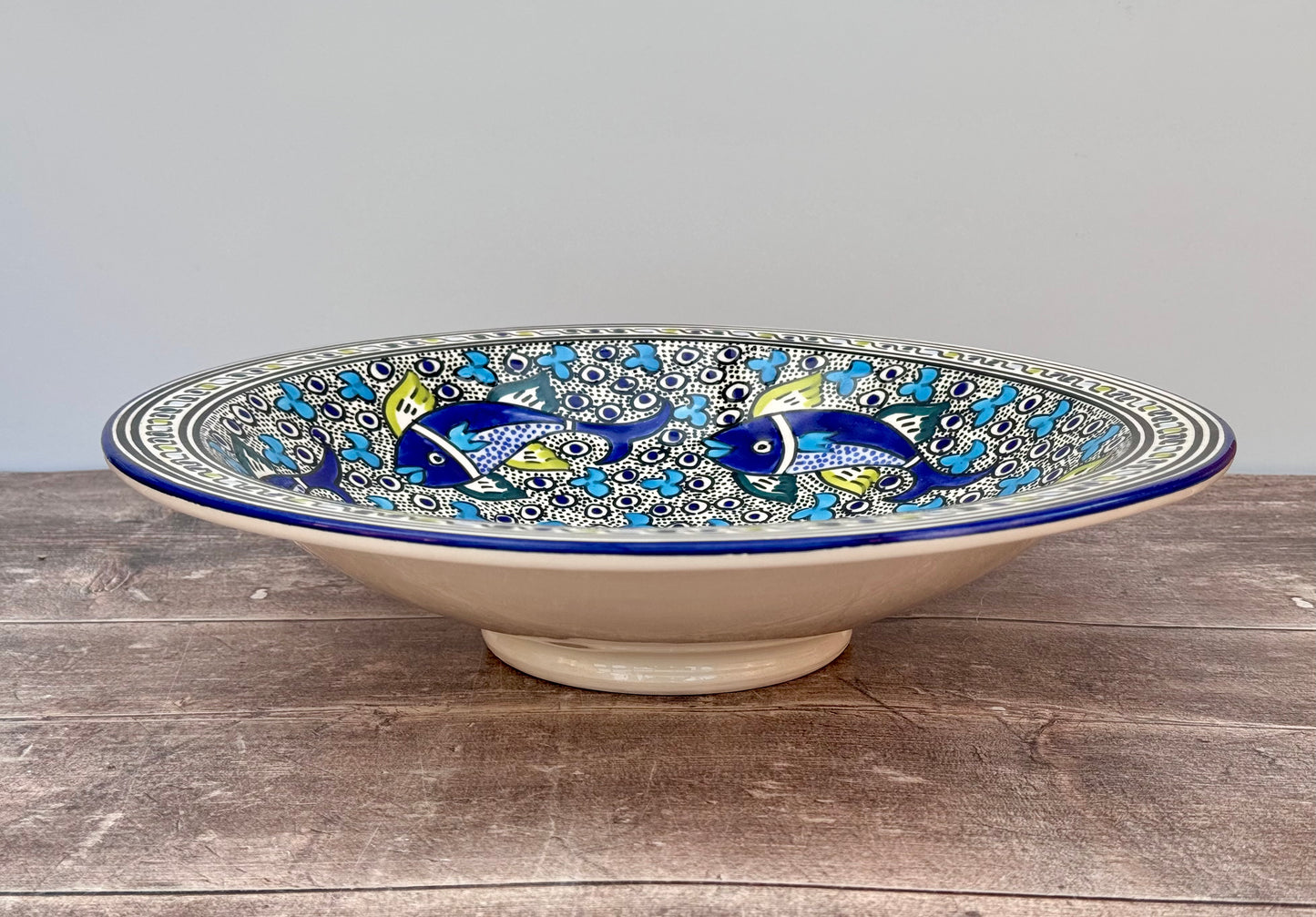 Dark Blue Fish Patterned Bowl with Flat Rim, 38cm