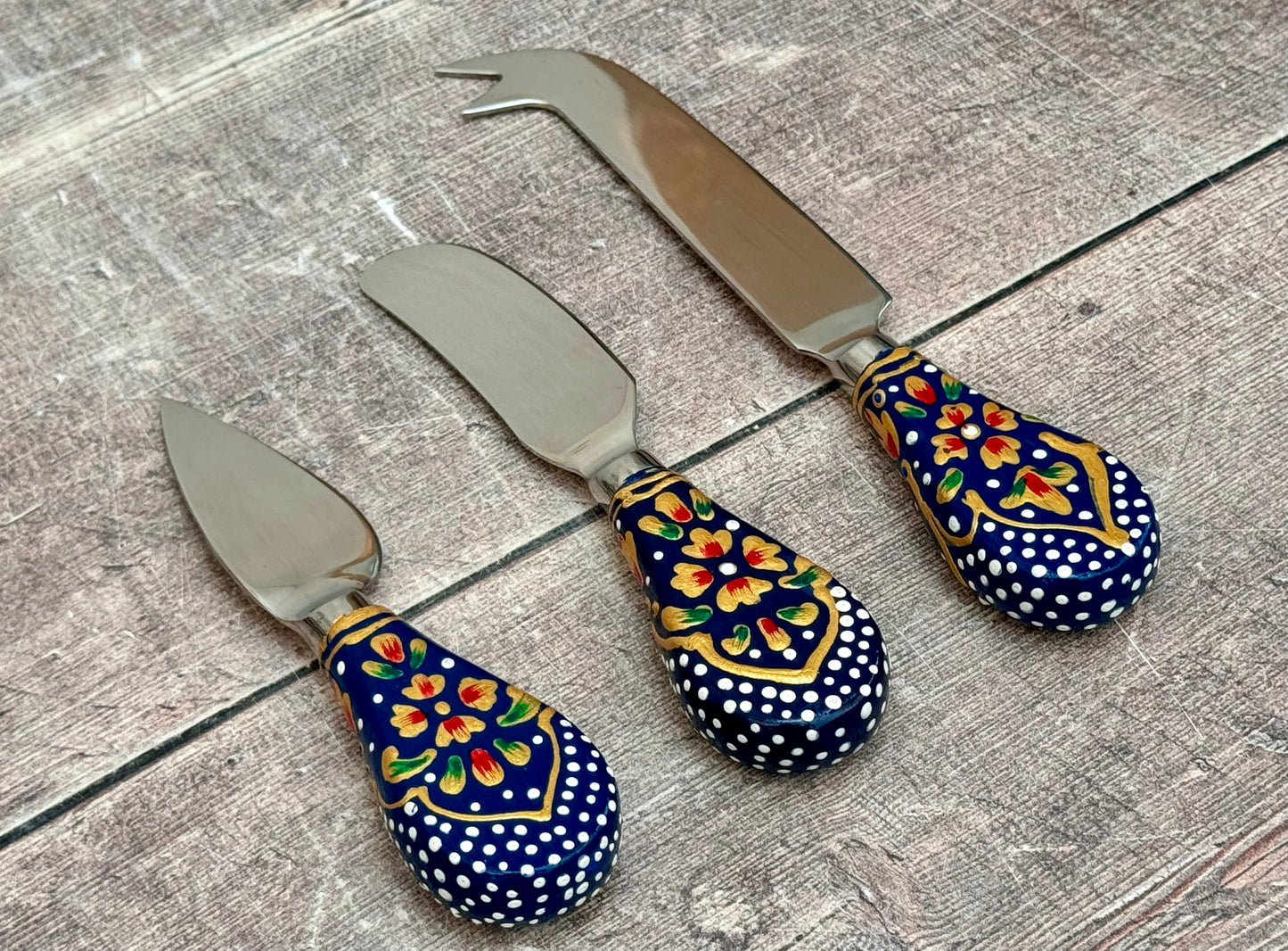 Cheese Knife Set with hand painted handles - Navy Flower Design