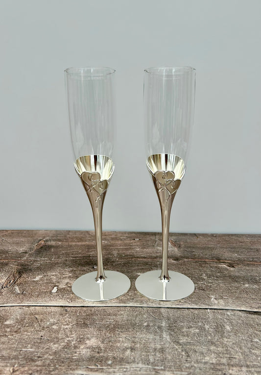 Silver Plated Heart Champagne Glasses, Box of 2