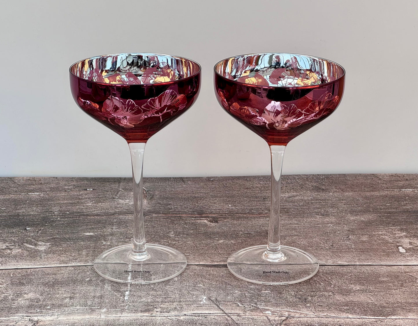 2 Pink Bloom Champagne/Cocktail Saucer Glasses