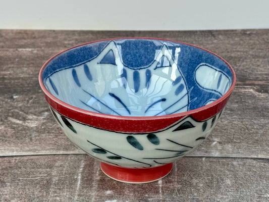 Red, Blue and White Cat Patterned Small Japanese Bowl, 11.5cm