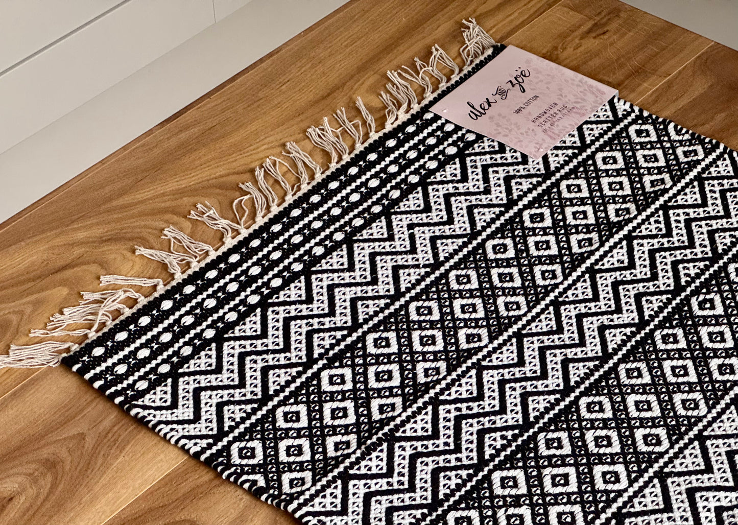 Black and White Geometric Patterned Rug, 69cm x 114cm